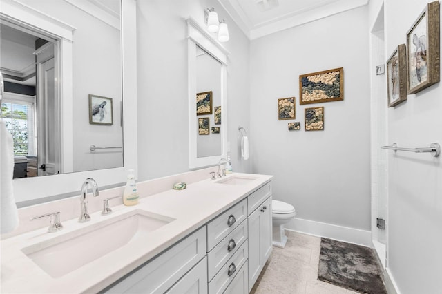 79 Cedar Post Rd, Santa Rosa Beach, FL 32459 - bathroom featuring tile patterned flooring, vanity, toilet, and ornamental molding