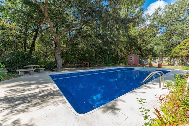 view of swimming pool with a patio and a shed