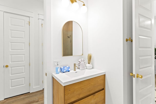 bathroom with hardwood / wood-style floors and vanity