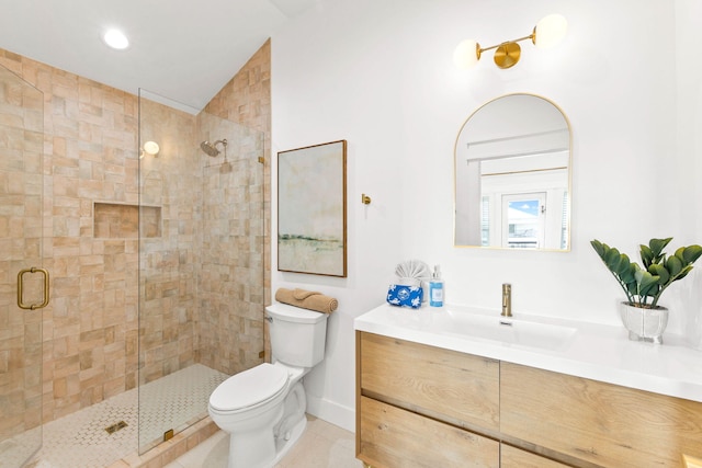 bathroom featuring tile patterned flooring, vanity, an enclosed shower, toilet, and vaulted ceiling