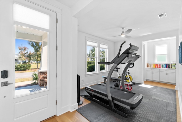 exercise room featuring light wood-type flooring and ceiling fan