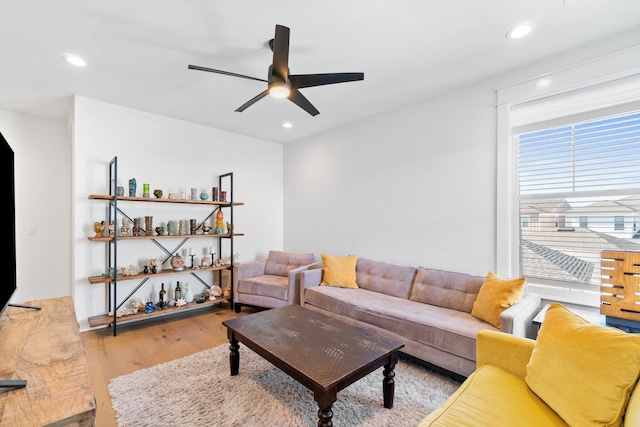 living room with ceiling fan and light hardwood / wood-style floors