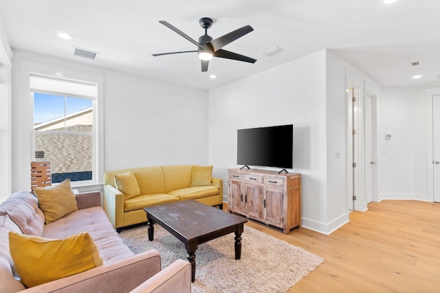 living room featuring ceiling fan and light hardwood / wood-style flooring