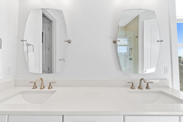 bathroom with vanity and a shower with door