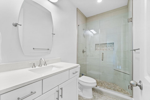 bathroom featuring vanity, toilet, and a shower with door