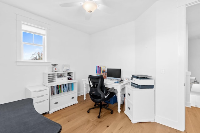 home office with ceiling fan and light hardwood / wood-style flooring