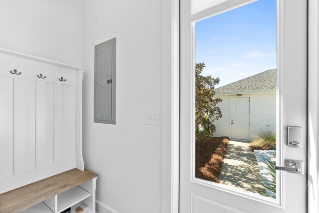 mudroom featuring electric panel