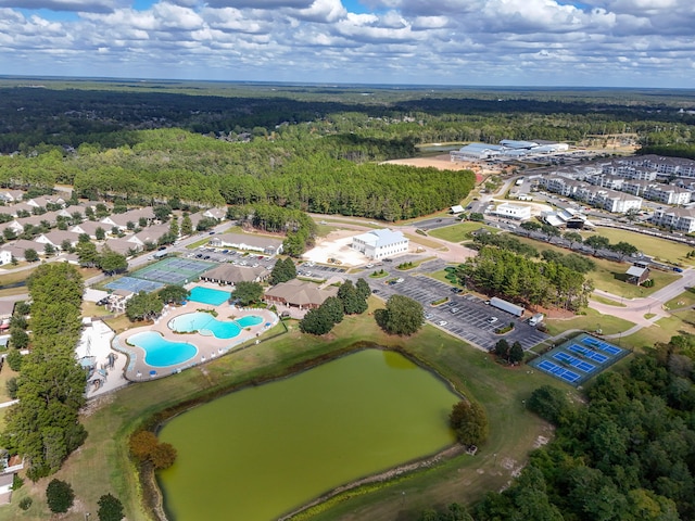 drone / aerial view featuring a water view