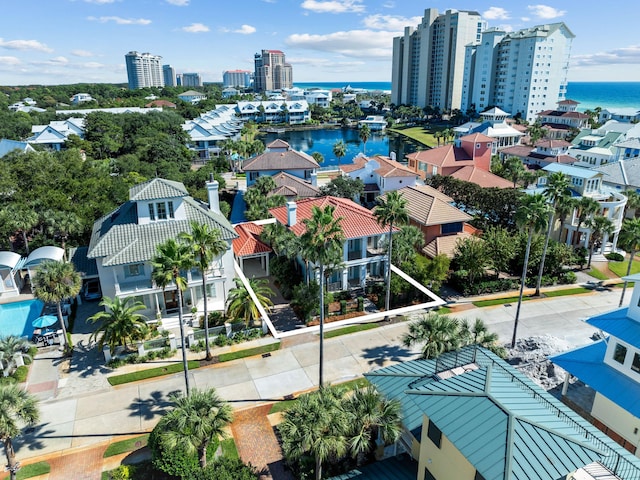 drone / aerial view with a water view