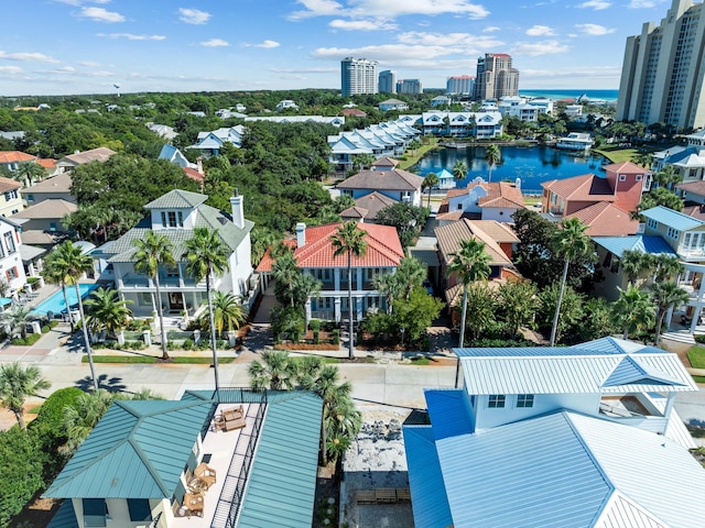 drone / aerial view with a water view