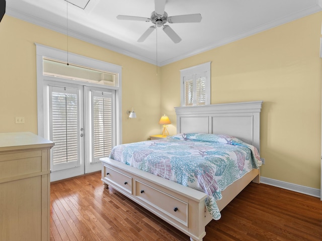 bedroom with crown molding, dark hardwood / wood-style floors, access to outside, and ceiling fan