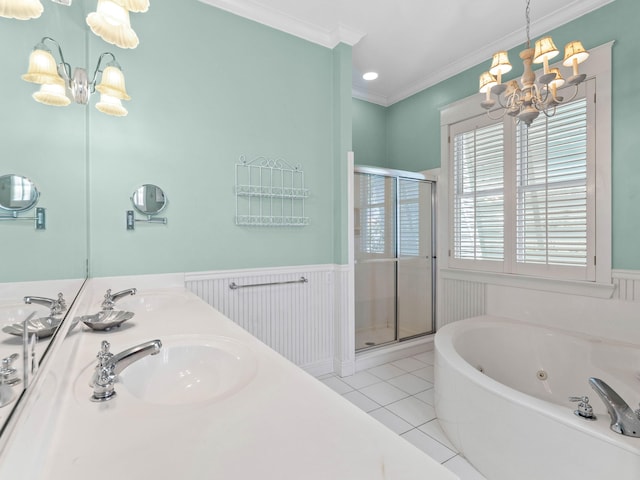 bathroom featuring a notable chandelier, ornamental molding, shower with separate bathtub, and tile patterned flooring