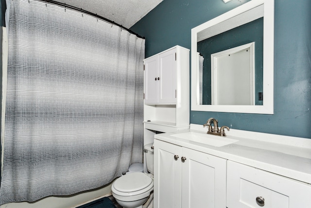 full bathroom with toilet, a textured ceiling, shower / tub combo with curtain, and vanity