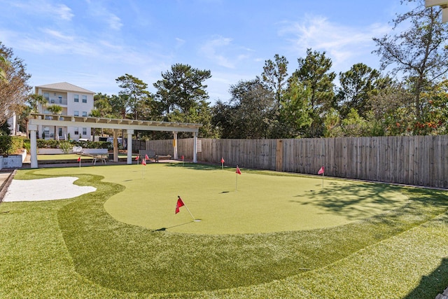 view of home's community featuring fence and a pergola