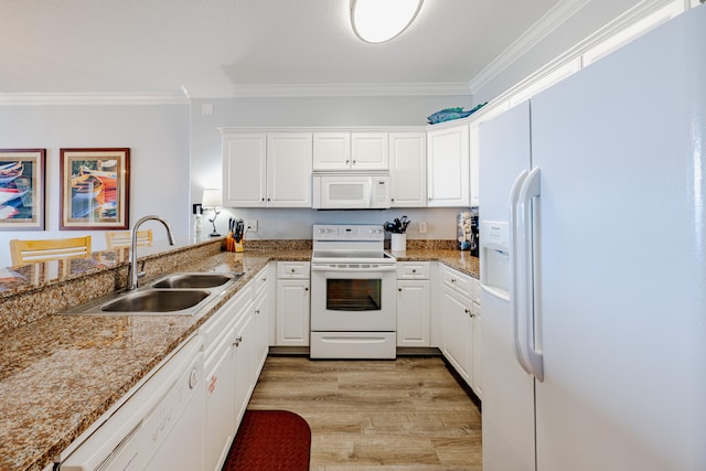 kitchen featuring white appliances, sink, light hardwood / wood-style floors, white cabinets, and crown molding