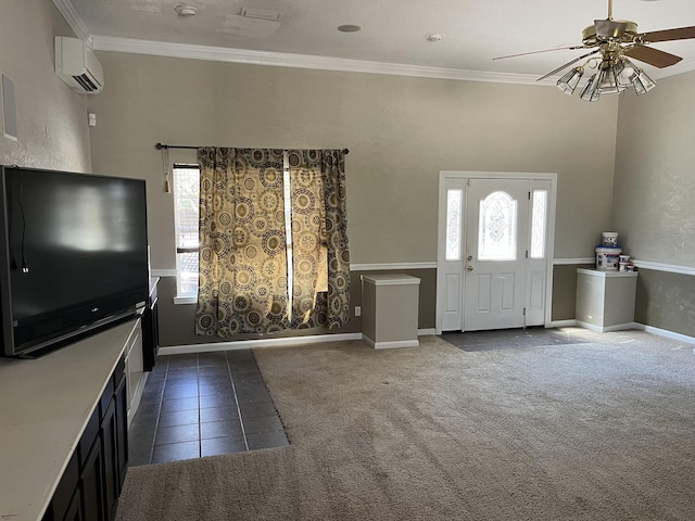 foyer entrance featuring crown molding, dark colored carpet, a wall mounted air conditioner, dark tile patterned floors, and baseboards