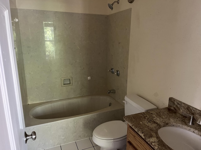 full bathroom featuring shower / washtub combination, vanity, toilet, and tile patterned floors