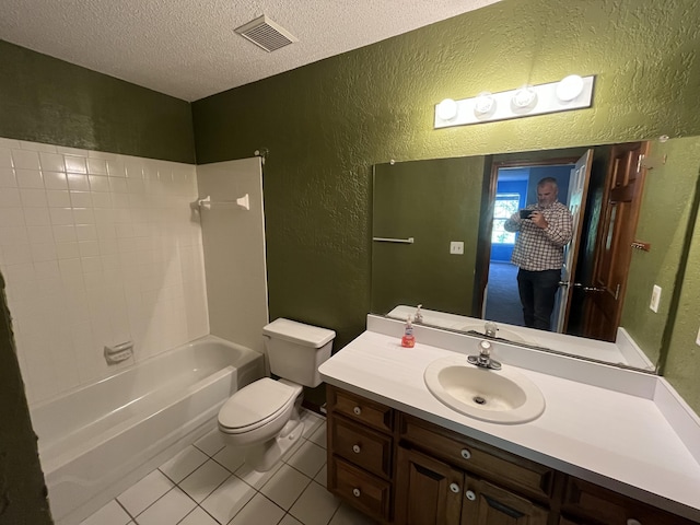 full bath featuring a textured ceiling, a textured wall, tile patterned flooring, visible vents, and shower / washtub combination