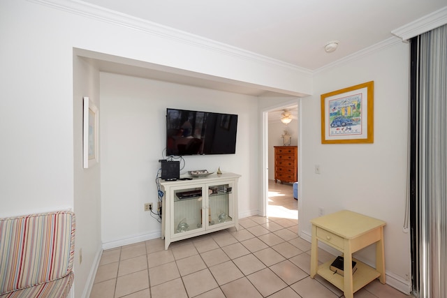 tiled living room with ornamental molding