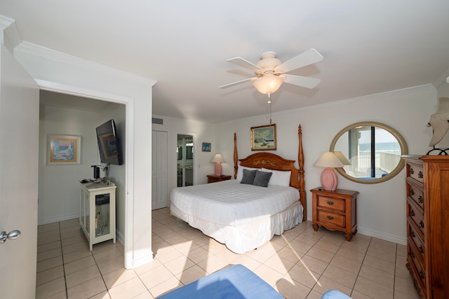 bedroom with ceiling fan, ornamental molding, and light tile patterned floors