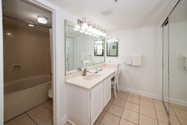 full bathroom featuring vanity, toilet, tile patterned floors, and shower / tub combination