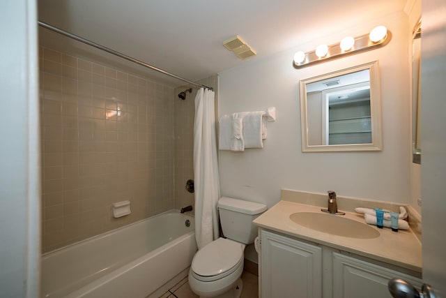 full bathroom with vanity, toilet, tile patterned floors, and shower / bath combination with curtain