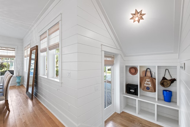 interior space with wood walls and wood-type flooring