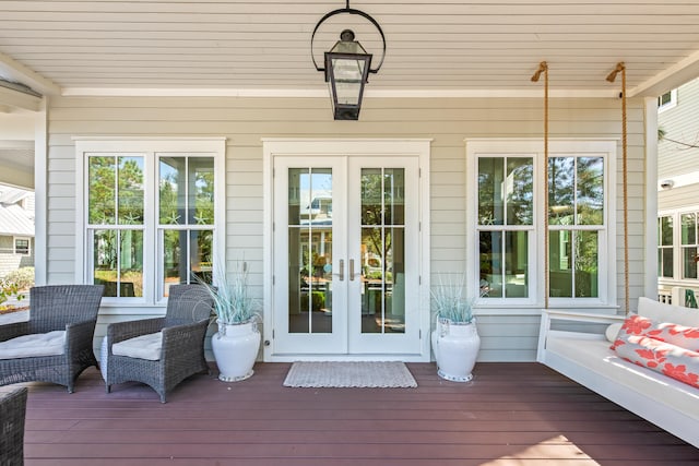 exterior space with wooden ceiling and french doors