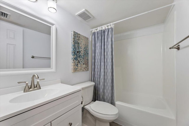 full bathroom featuring vanity, toilet, and shower / bathtub combination with curtain