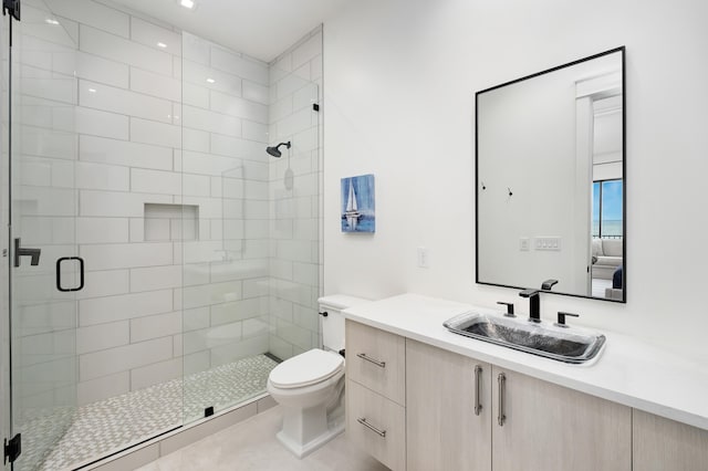 bathroom featuring a shower with door, vanity, and toilet