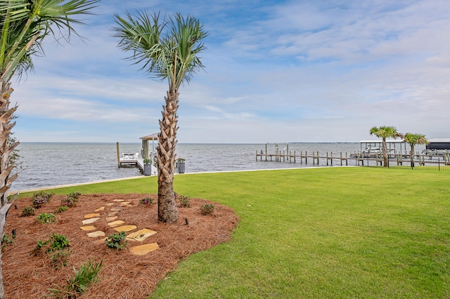 dock area featuring a water view and a yard