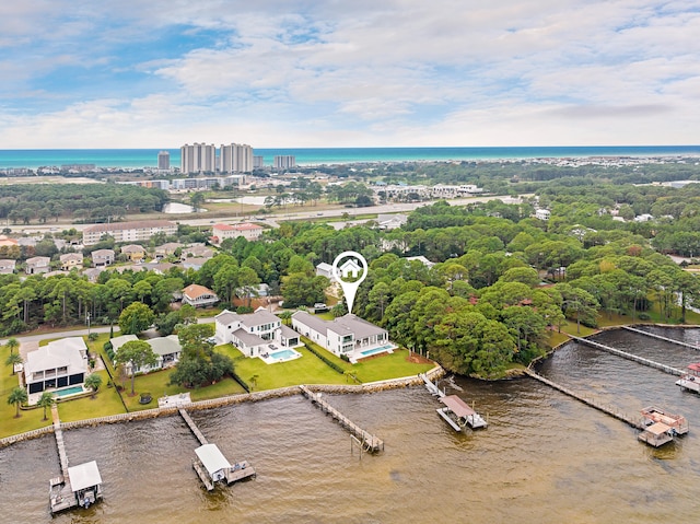 aerial view featuring a water view