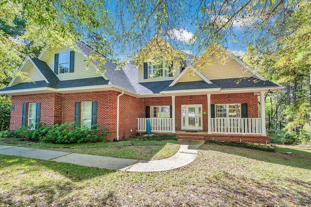 view of front of house featuring covered porch and a front lawn