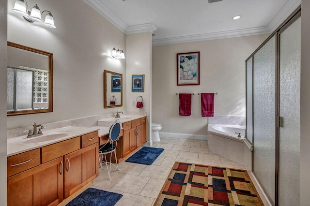 full bathroom with independent shower and bath, toilet, tile patterned floors, vanity, and crown molding