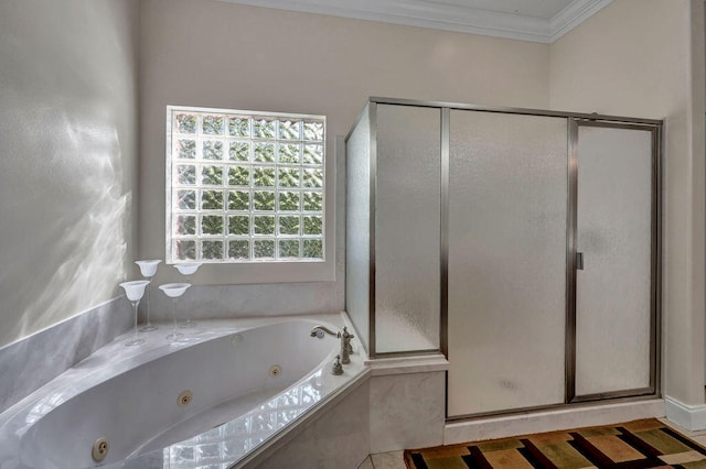 bathroom with crown molding and plus walk in shower