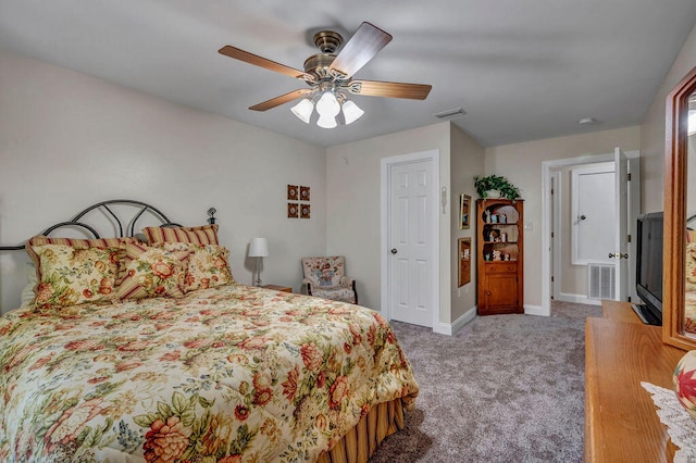 bedroom with light carpet and ceiling fan