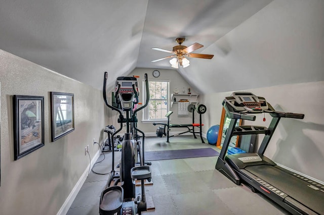 workout room with ceiling fan and lofted ceiling