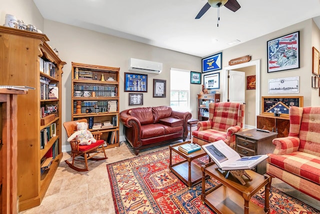 living room with ceiling fan, an AC wall unit, and light tile patterned flooring