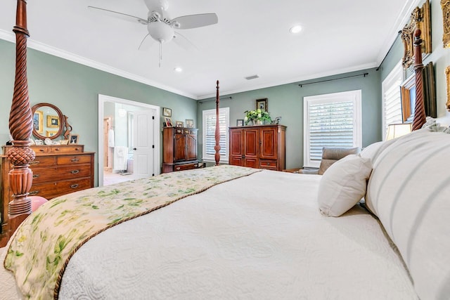 bedroom featuring crown molding, ensuite bathroom, and ceiling fan