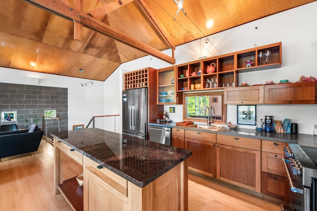 kitchen featuring stainless steel appliances, wooden ceiling, sink, lofted ceiling with beams, and light wood-type flooring