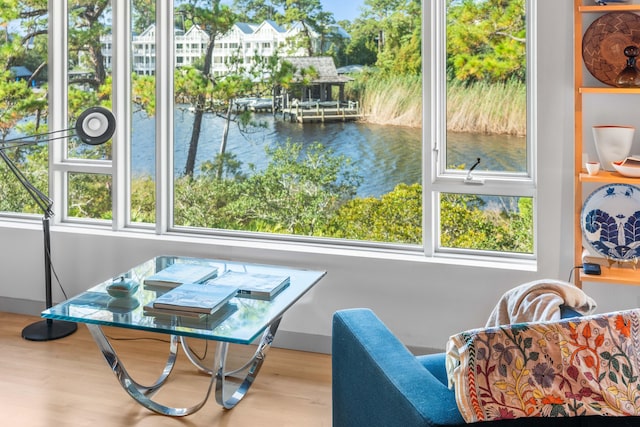 sunroom with a water view