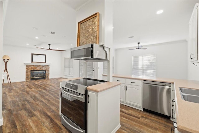 kitchen with dark wood-type flooring, white cabinetry, a fireplace, and stainless steel appliances