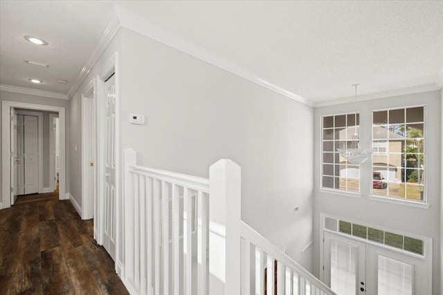 hallway featuring crown molding, dark hardwood / wood-style floors, a textured ceiling, and french doors