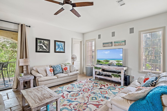 living room with ceiling fan