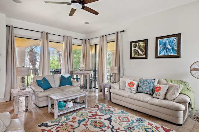 living room featuring ceiling fan