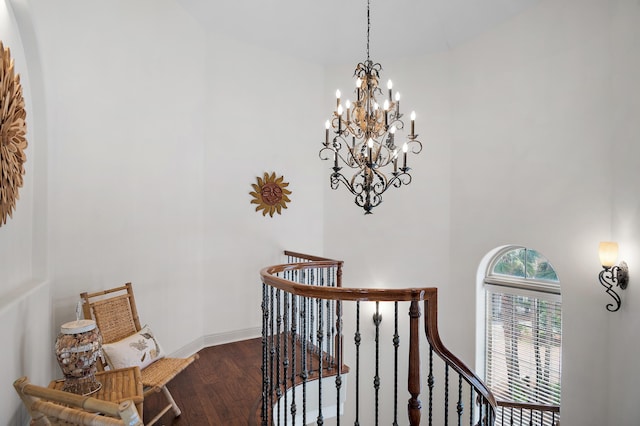 215 Rue St, Tropez, Miramar Beach, FL 32550 - stairs featuring baseboards, high vaulted ceiling, wood finished floors, and a chandelier
