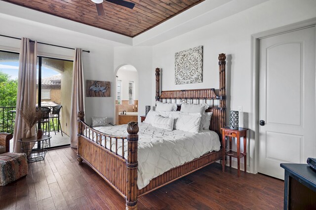 215 Rue St, Tropez, Miramar Beach, FL 32550 - bedroom with arched walkways, access to exterior, wooden ceiling, a tray ceiling, and hardwood / wood-style flooring