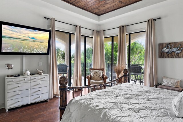 bedroom with access to outside, a tray ceiling, wooden ceiling, and dark hardwood / wood-style flooring