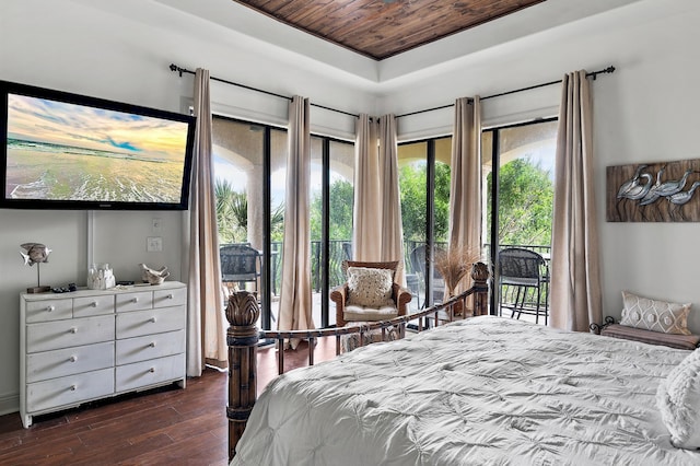 215 Rue St, Tropez, Miramar Beach, FL 32550 - bedroom featuring access to exterior, multiple windows, a raised ceiling, wood ceiling, and dark wood finished floors