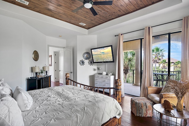 bedroom with wood ceiling, a raised ceiling, access to exterior, ceiling fan, and dark wood-type flooring